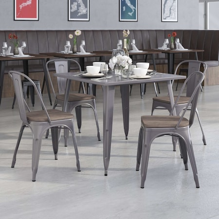Flash Furniture Lincoln 4 Pack Silver Antique Finish with Clear Coat Metal Stackable Chair with Wood Seat 4-XU-DG-TP001-WD-GG
